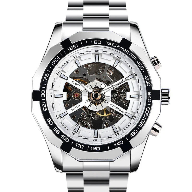 Silver sport automatic wristwatch with exposed mechanical movement and tachymeter bezel