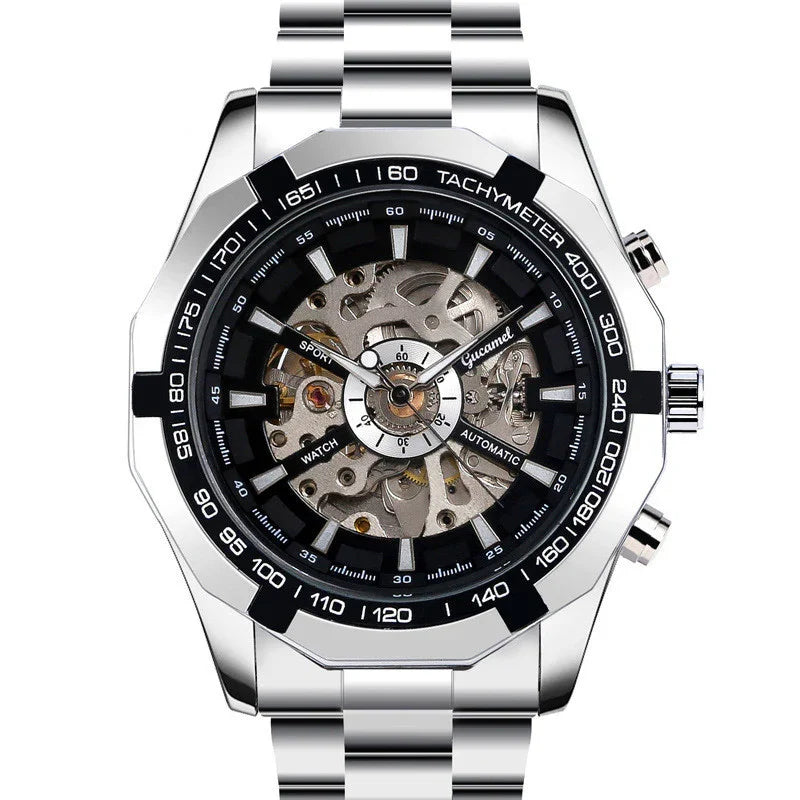 Silver automatic Gucamel sports watch with visible skeleton dial and tachymeter bezel