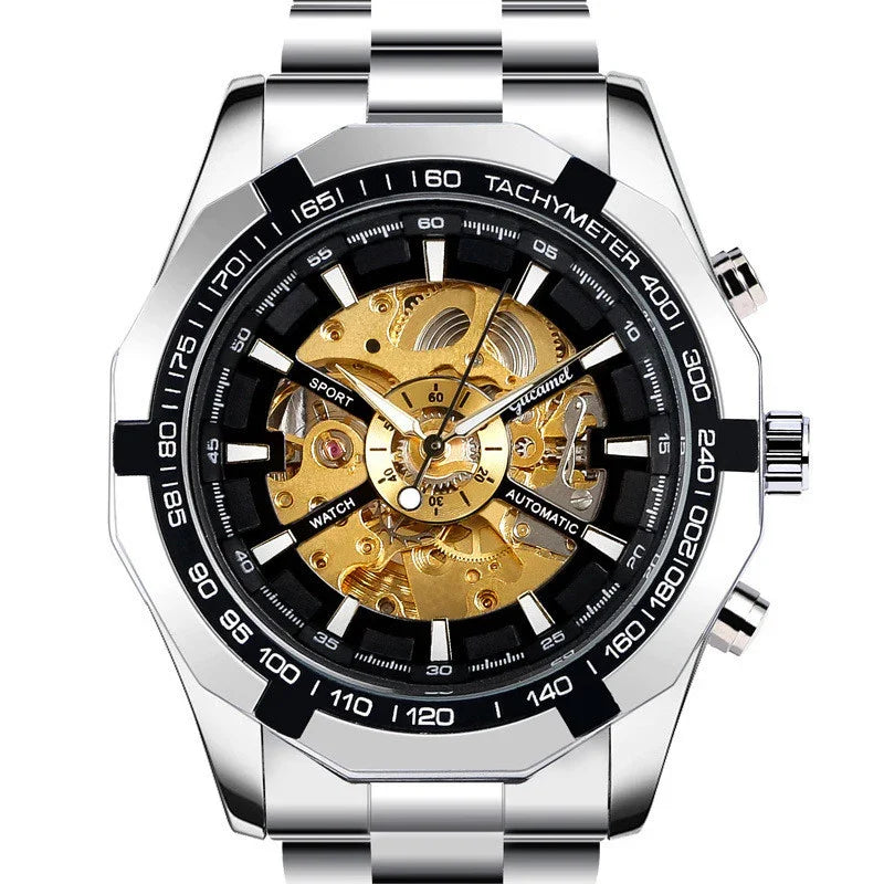 Luxury silver automatic sport wristwatch with gold skeleton dial and tachymeter bezel