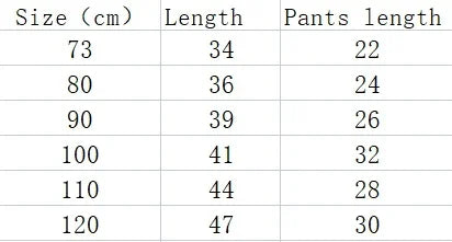 Size chart table showing clothing measurements in cm for length and pants length