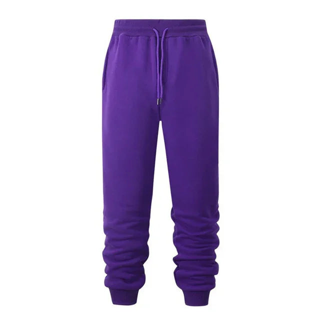 Purple fleece jogger sweatpants with drawstring waist and ribbed cuffs