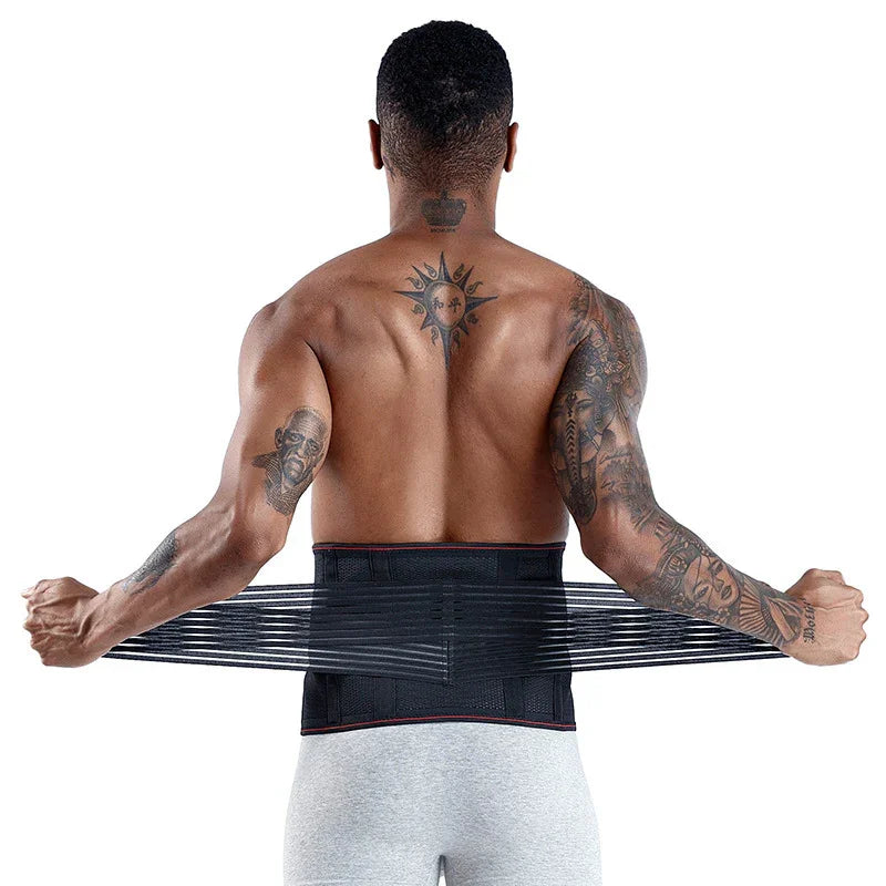 Tattooed man wearing black back support belt, adjusting straps, fitness waist trainer