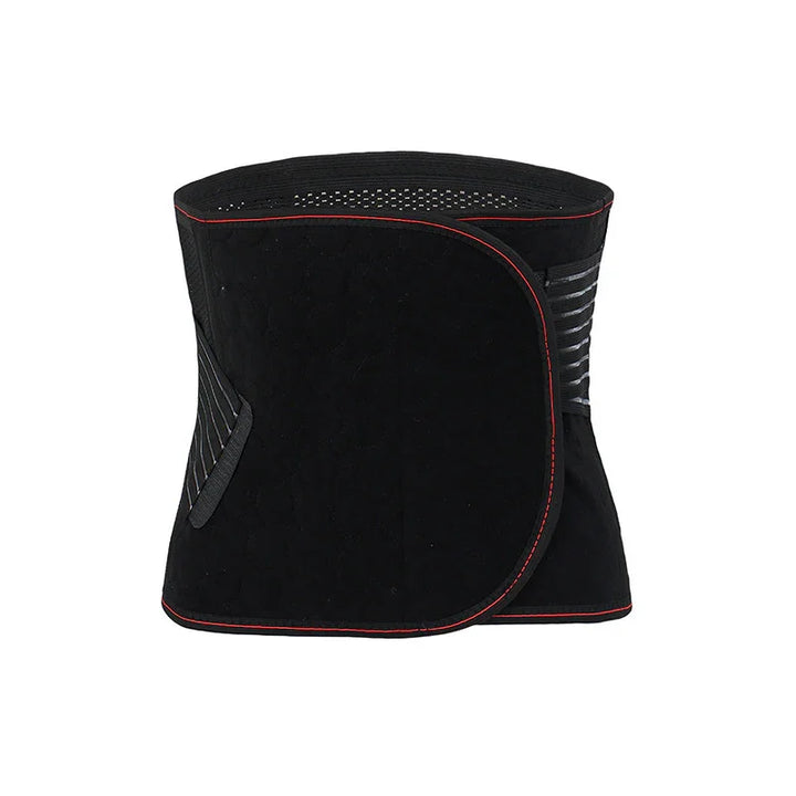 Black waist trainer belt with red trim, adjustable closure, and breathable mesh design