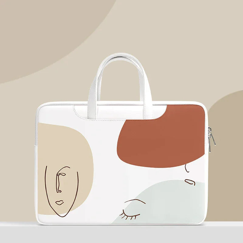White laptop bag with abstract face line art and earthy color blocks on beige background