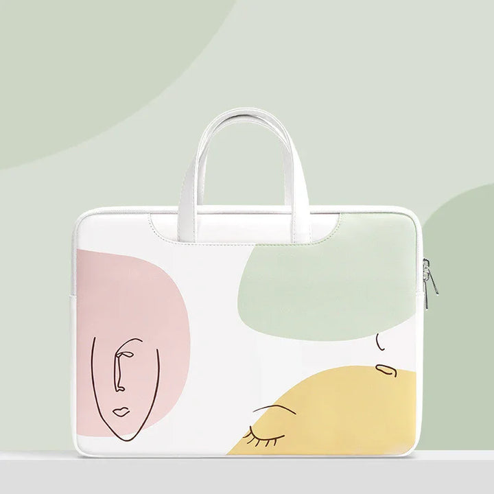 Modern white laptop bag with abstract pastel face line art in pink, green, and yellow shapes