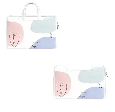 White laptop sleeves with abstract pastel face art in pink, blue, and green, zippered closure and handle options