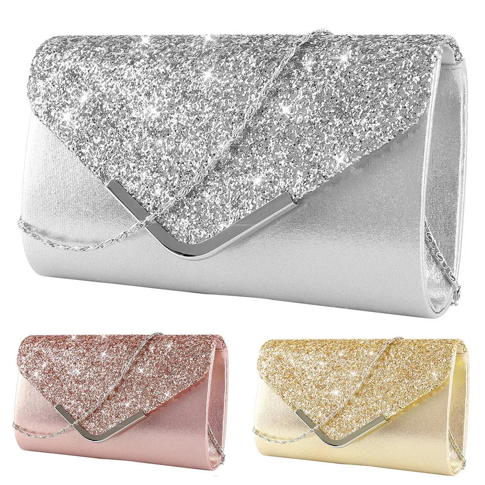 Set of three glittery envelope clutch purses in silver, rose gold, and gold with chain straps