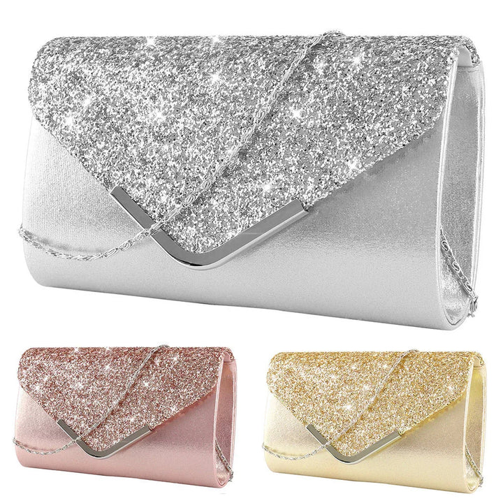 Set of three glittery envelope clutch purses in silver, rose gold, and gold with chain straps