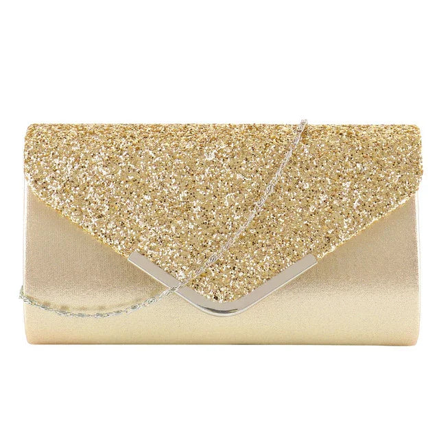 Gold glitter envelope clutch purse with metallic finish and silver chain strap