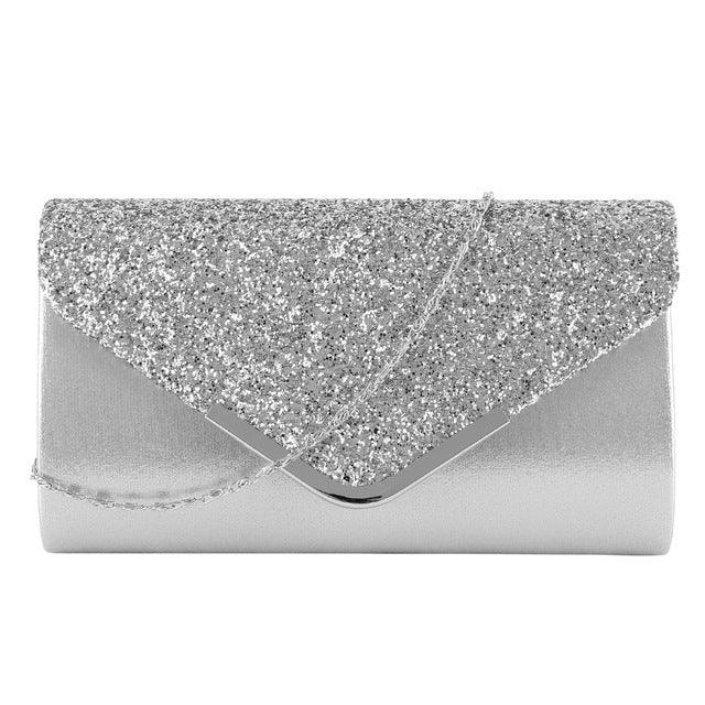 Silver glitter envelope clutch purse with chain strap, elegant evening handbag