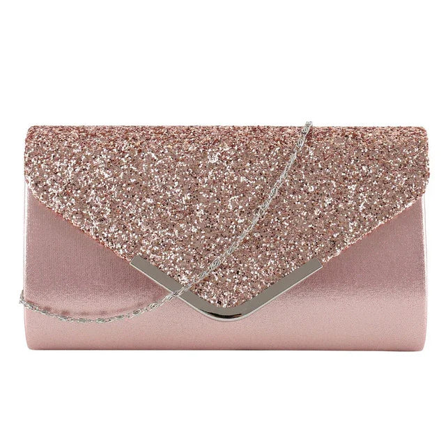 Elegant rose gold clutch bag with glittery flap and silver chain strap