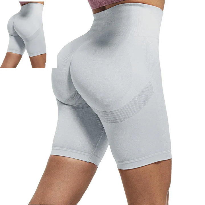 White high-waisted seamless shaping shorts for women, enhancing curves and lifting hips