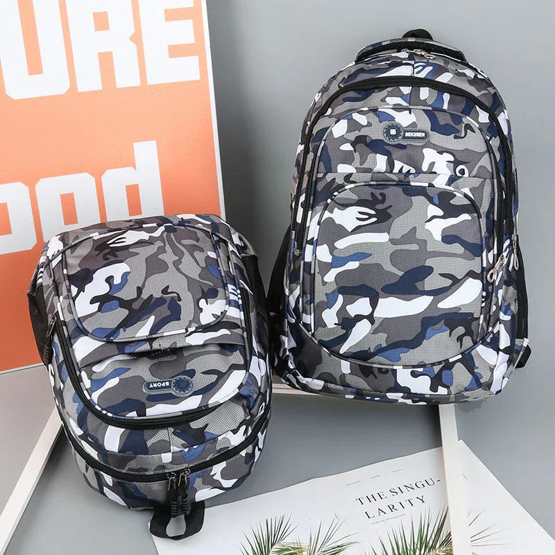 Two blue and gray camouflage backpacks with multiple compartments displayed against a gray background