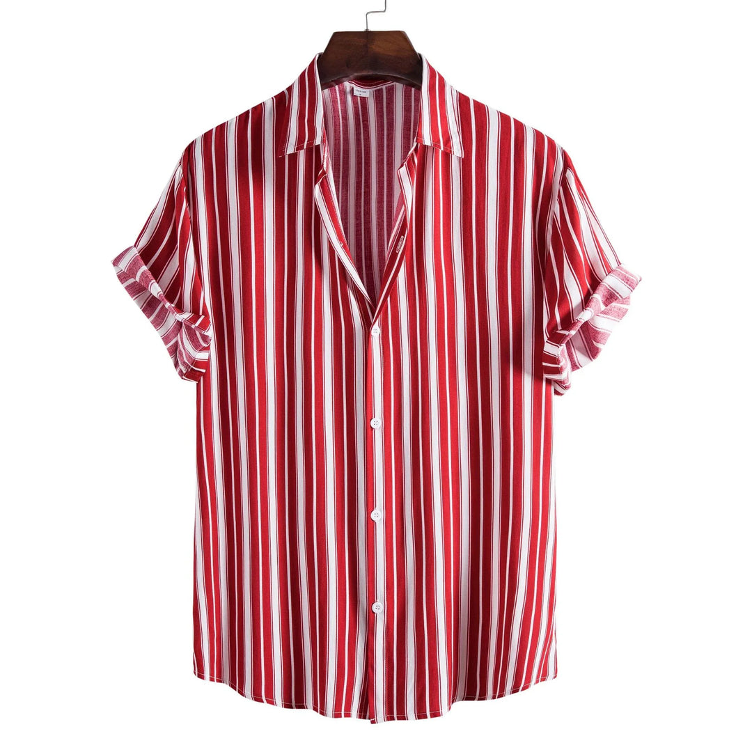 Red and white vertical striped short sleeve button-up shirt with rolled cuffs on wooden hanger