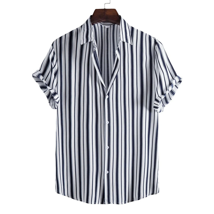 White short sleeve button-up shirt with vertical navy blue stripes on hanger