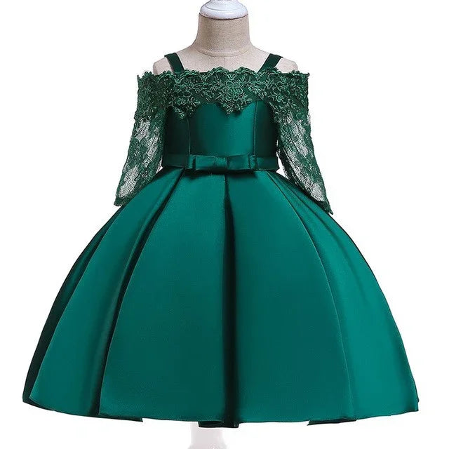 Elegant emerald green girl's party dress with lace off-shoulder sleeves and satin skirt