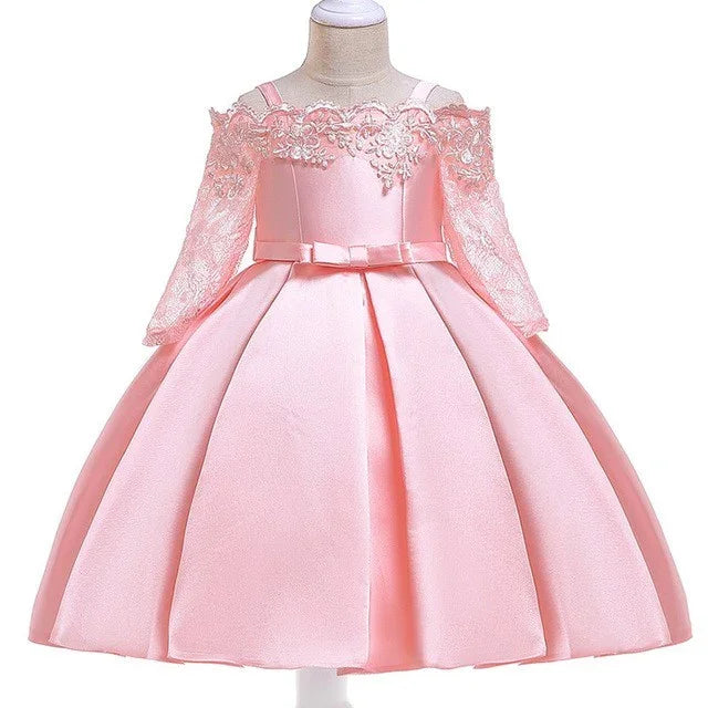 Elegant pink satin baby girl's dress with lace off-shoulder sleeves and matching belt bow
