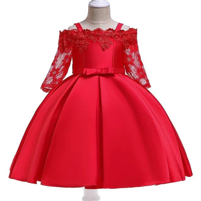 Elegant red girl's party dress with lace off-shoulder sleeves and bow waist detail