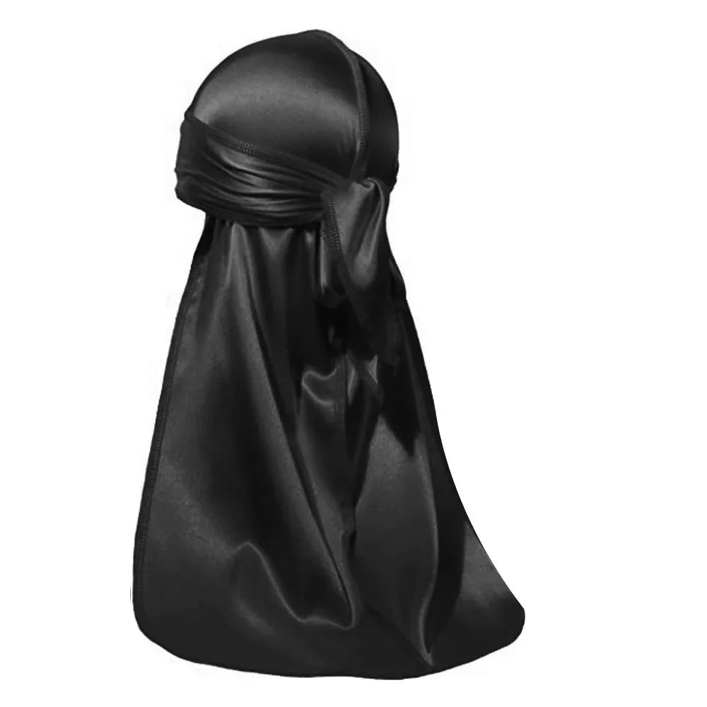 Black satin durag with tied knot detail on white background