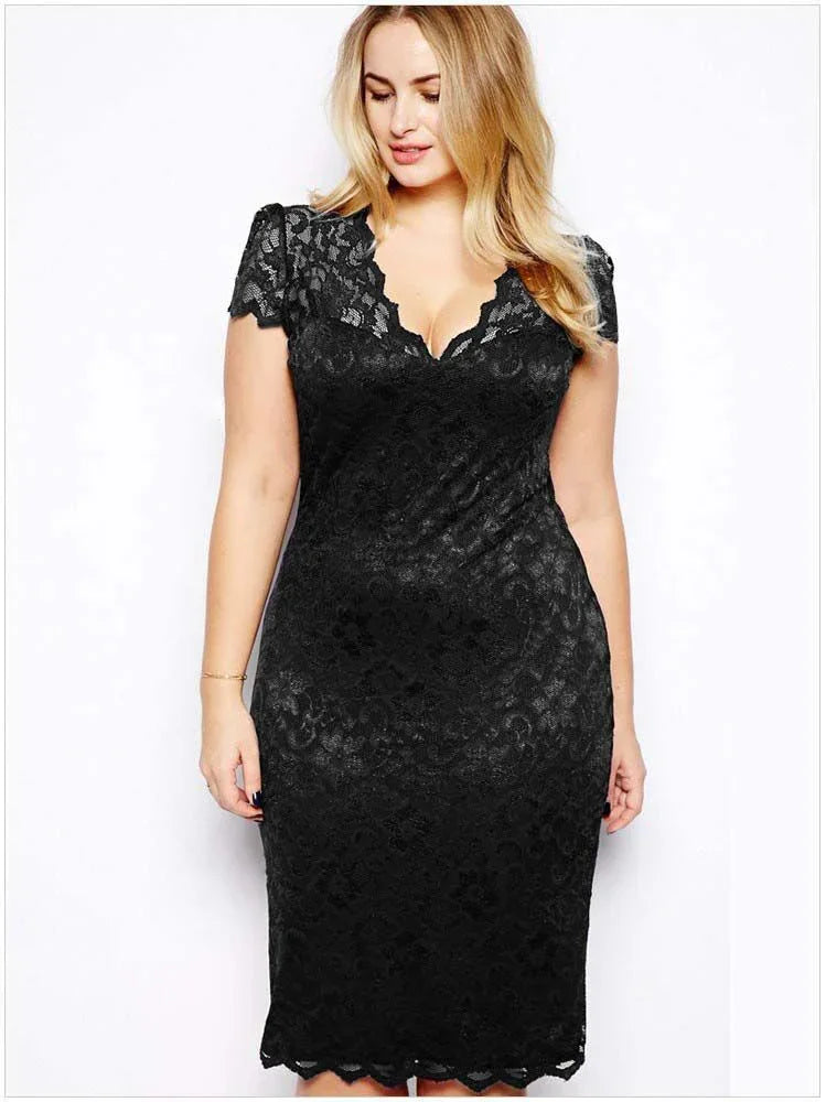 Plus size woman wearing elegant black lace midi dress with short sleeves and scalloped neckline