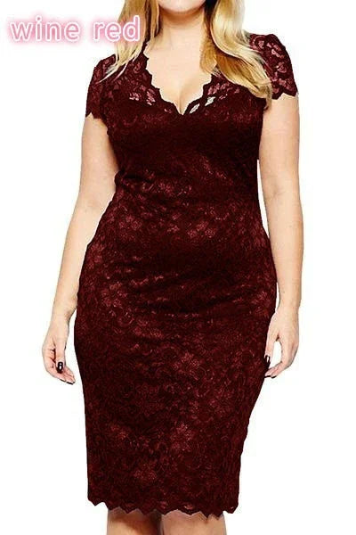 woman wearing wine red lace bodycon dress with short sleeves and V-neck