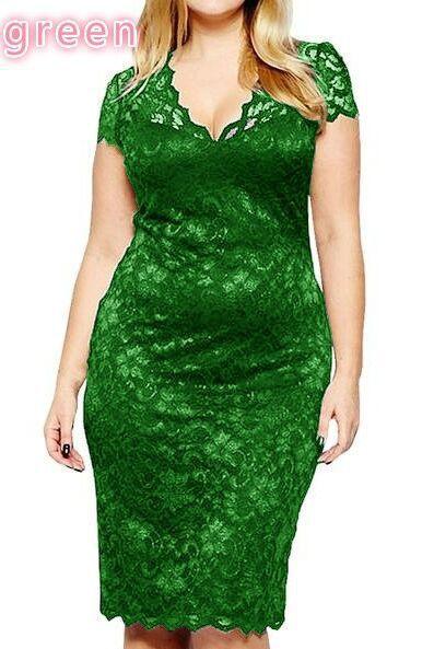 Plus size woman wearing green lace V-neck fitted knee-length dress with short sleeves