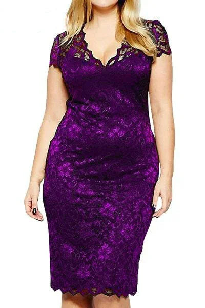 Plus size woman wearing purple lace knee-length dress with cap sleeves and scalloped neckline