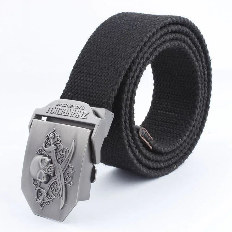Black woven fabric belt with metal buckle featuring skull and crossed swords design