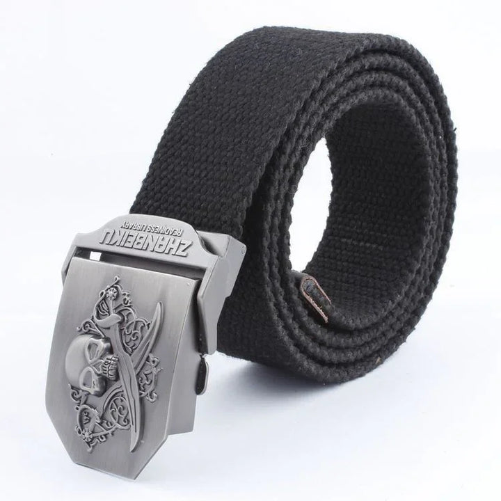 Black woven fabric belt with metal buckle featuring skull and crossed swords design