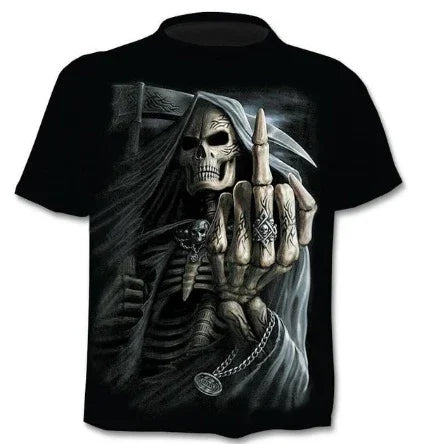 black t-shirt with grim reaper skeleton holding scythe and showing middle finger detailed graphic
