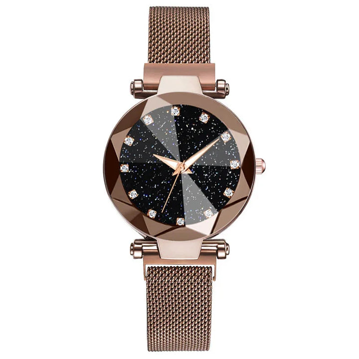 Rose gold mesh band wristwatch with faceted bezel and black glitter dial with crystal markers
