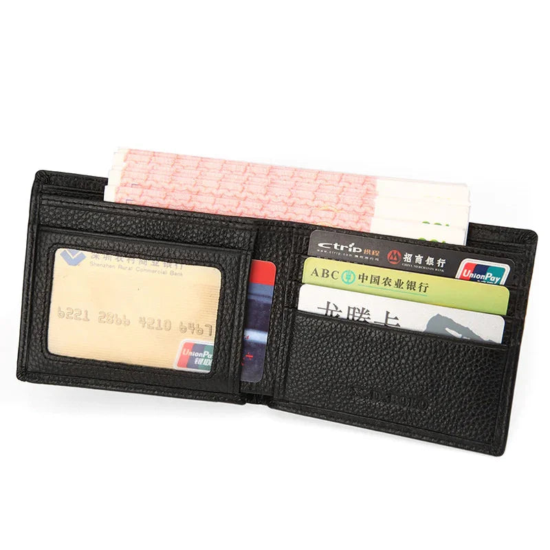 Black leather wallet open showing Chinese banknotes and multiple bank cards including UnionPay and Ctrip cards