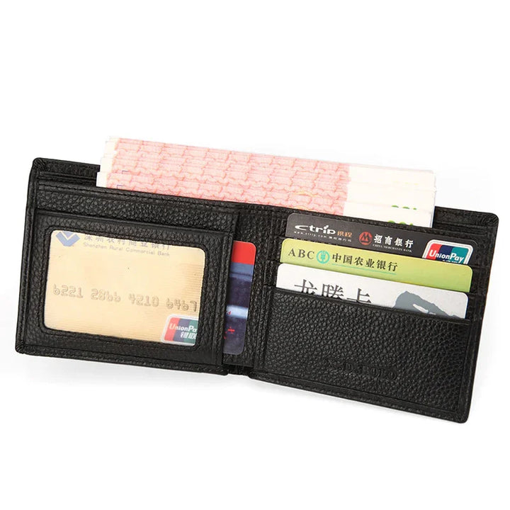 Black leather wallet open showing Chinese banknotes and multiple bank cards including UnionPay and Ctrip cards