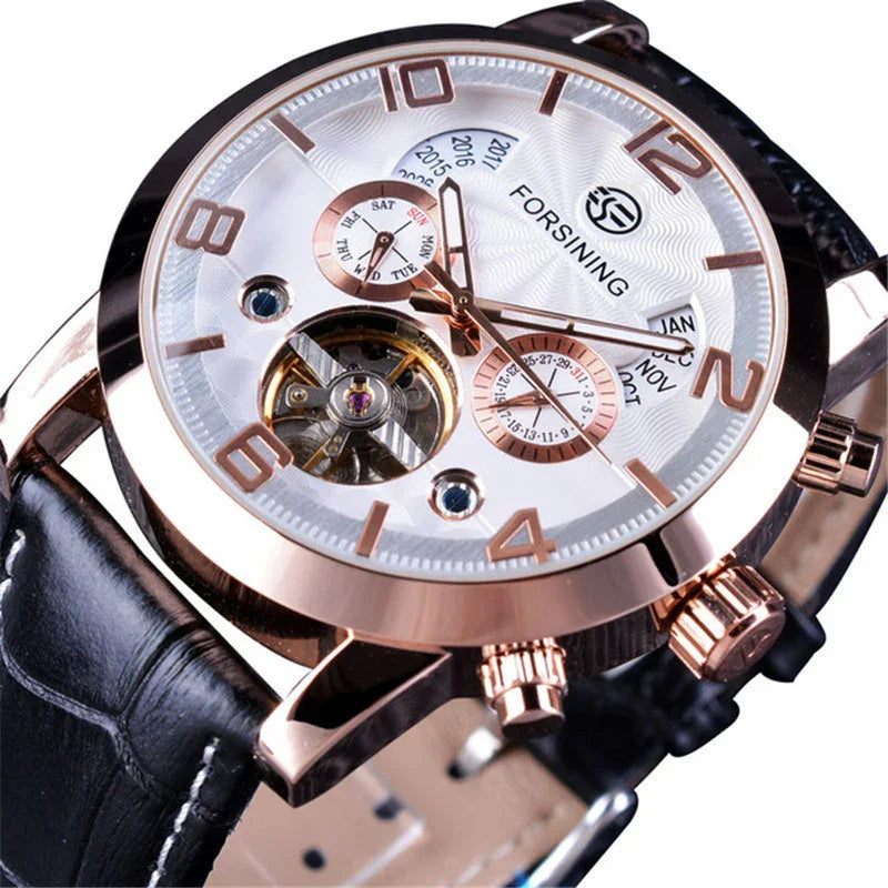Forsining men's luxury wristwatch with rose gold case, white dial, day and date subdials, and black leather strap