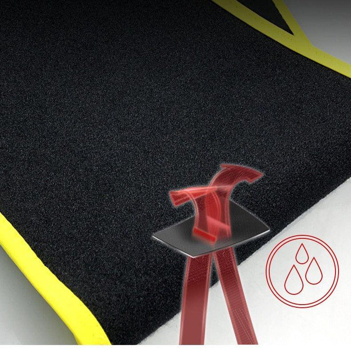 Black anti-slip mat with yellow border, water-resistant symbol, close-up texture detail