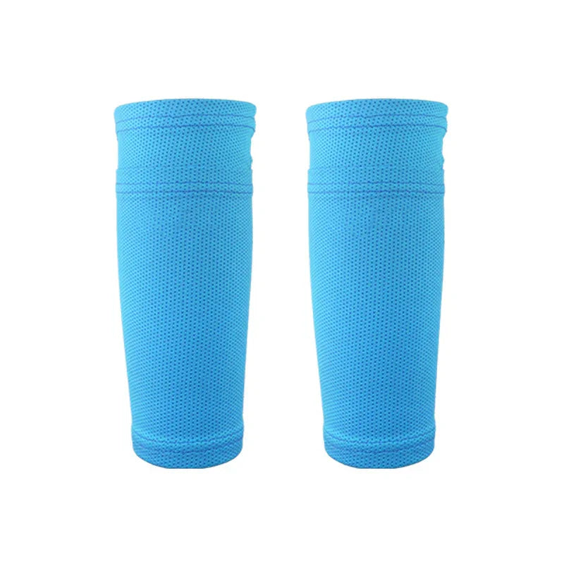 Pair of blue breathable mesh compression arm sleeves on white background