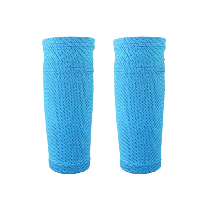 Pair of blue breathable mesh compression arm sleeves on white background