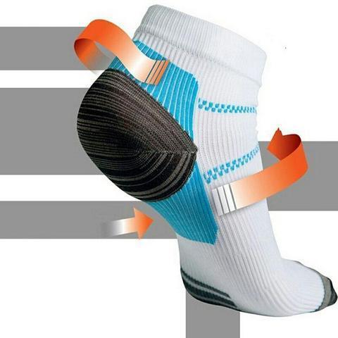 White sports sock with blue support cushioning and black heel protection, shown with airflow arrows