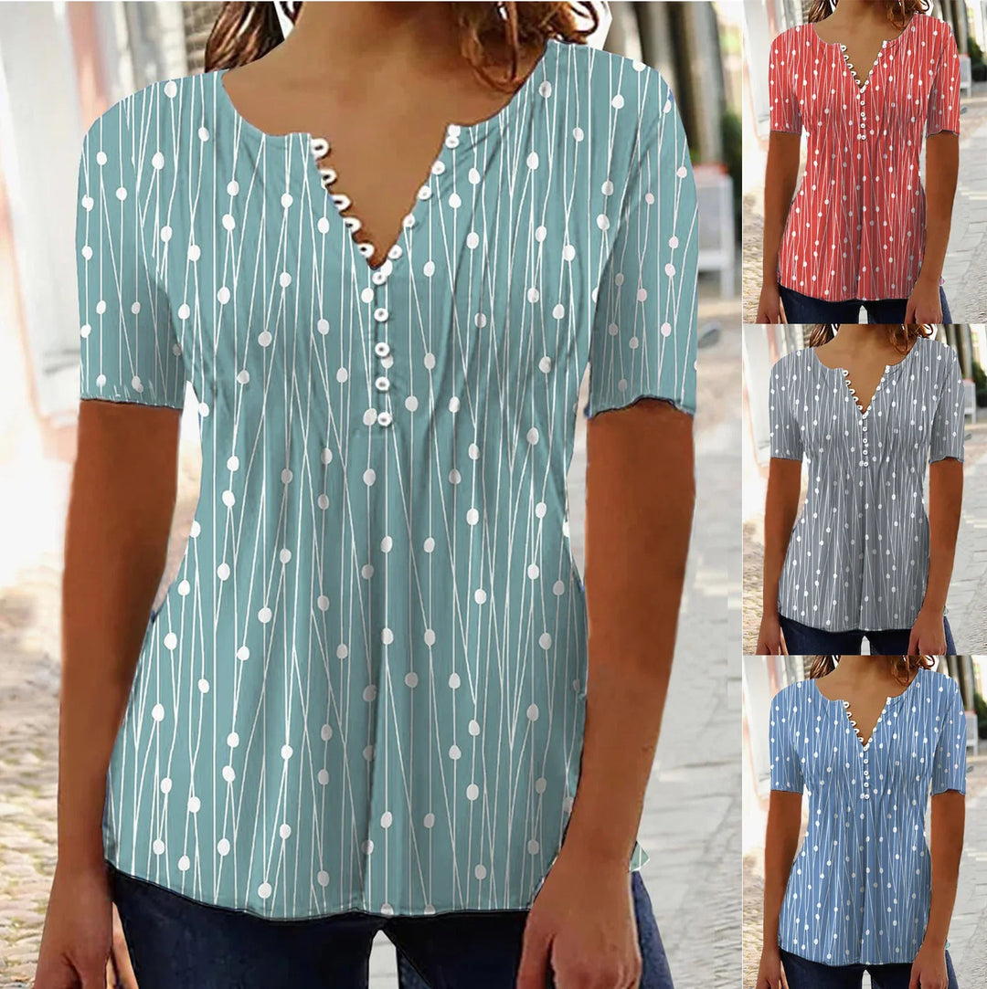 Women’s casual short sleeve V-neck tops with white dotted line pattern in teal, red, gray, and blue colors