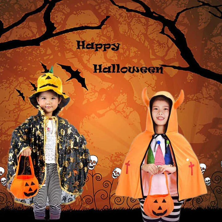 Two children in Halloween costumes holding pumpkin bags with bats and skulls on orange spooky background