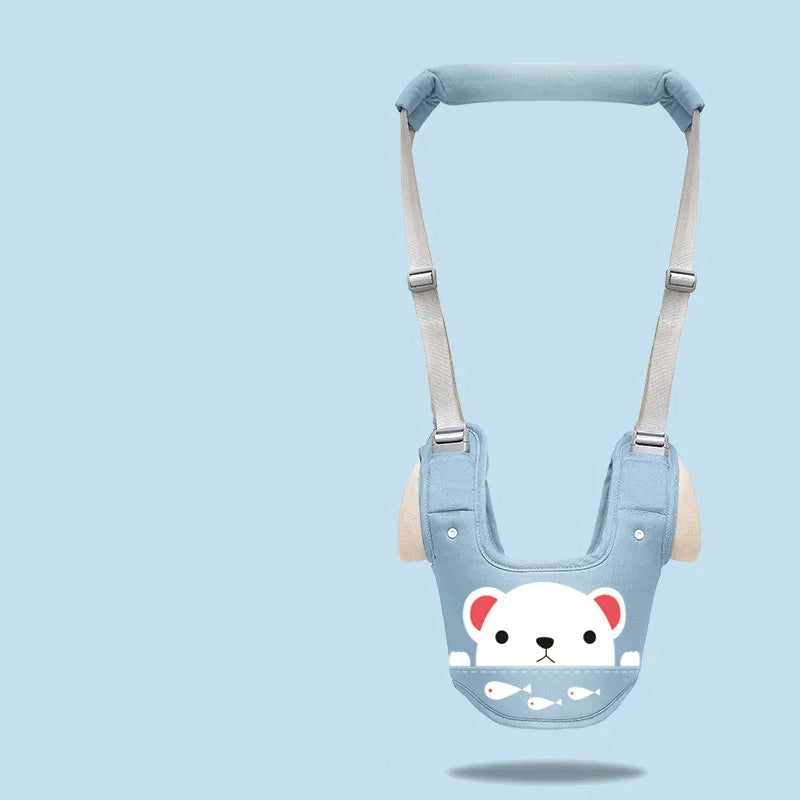 Blue baby walking harness with cute white bear and fish design on pocket