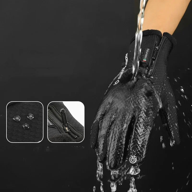 Black waterproof gloves with water poured over them showing water resistance and zipper detail