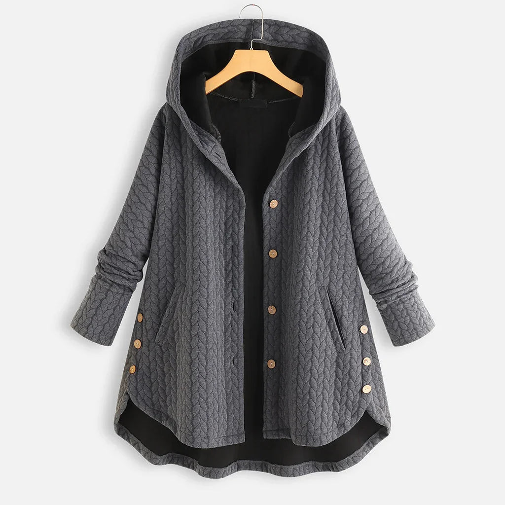 Gray quilted hooded coat with wooden buttons and side pockets on a hanger