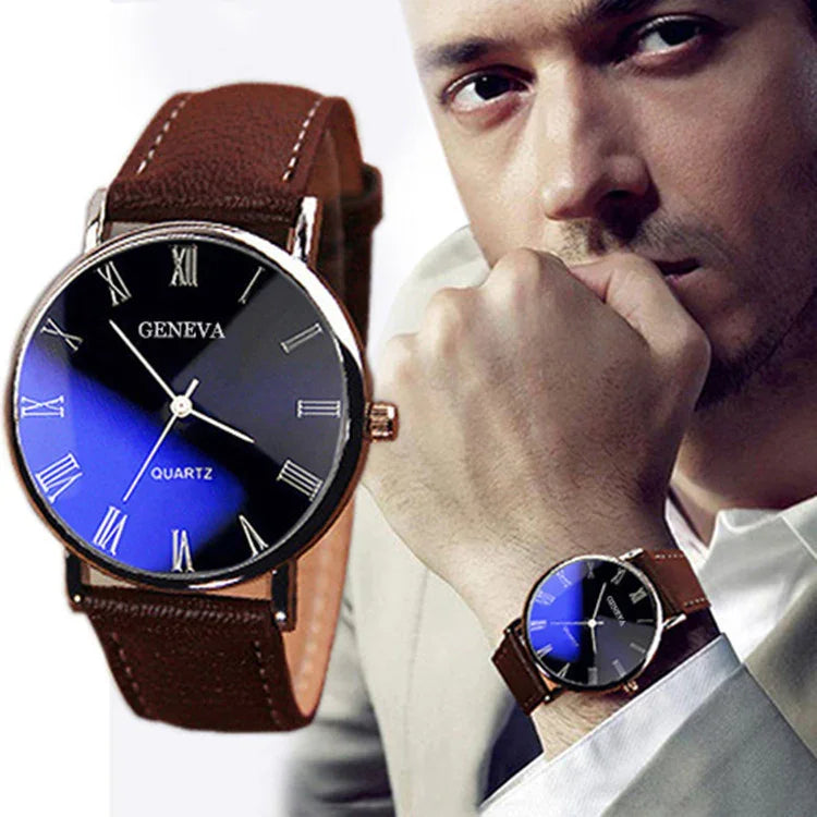 Geneva quartz men's wristwatch with black dial and brown leather strap worn by man in beige suit