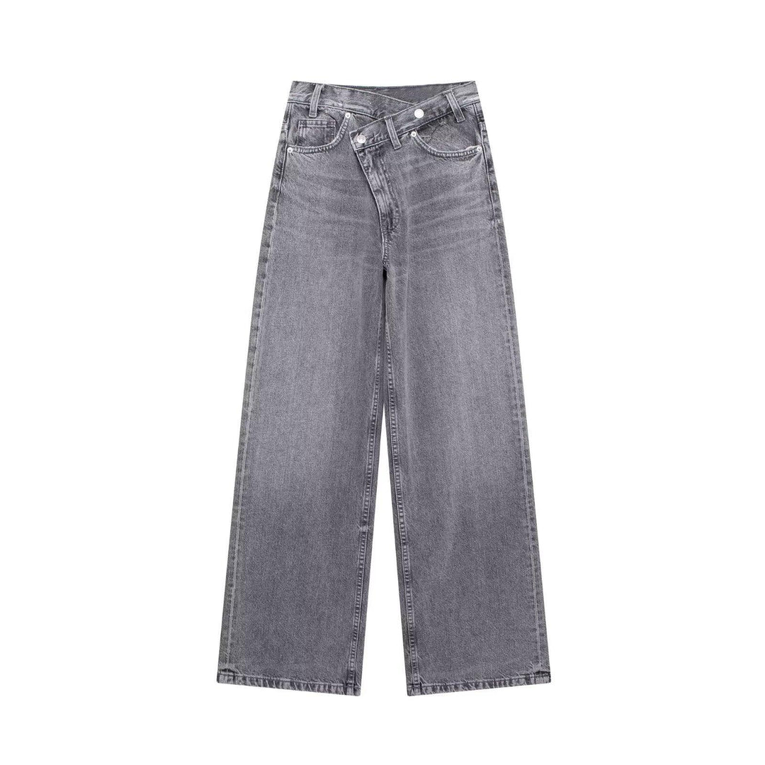 Wide-leg grey denim jeans with asymmetrical waistband and double button closure