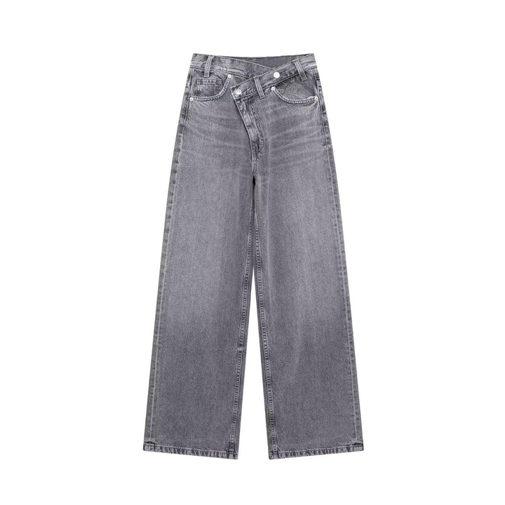 Wide-leg grey denim jeans with asymmetrical waistband and double button closure