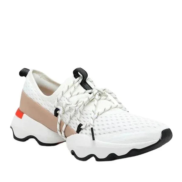 White mesh sneaker with beige accent, chunky sole, black and orange details, athletic shoe