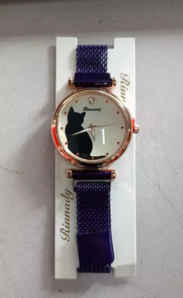 Rinnady wristwatch with blue mesh strap and black cat silhouette on white dial