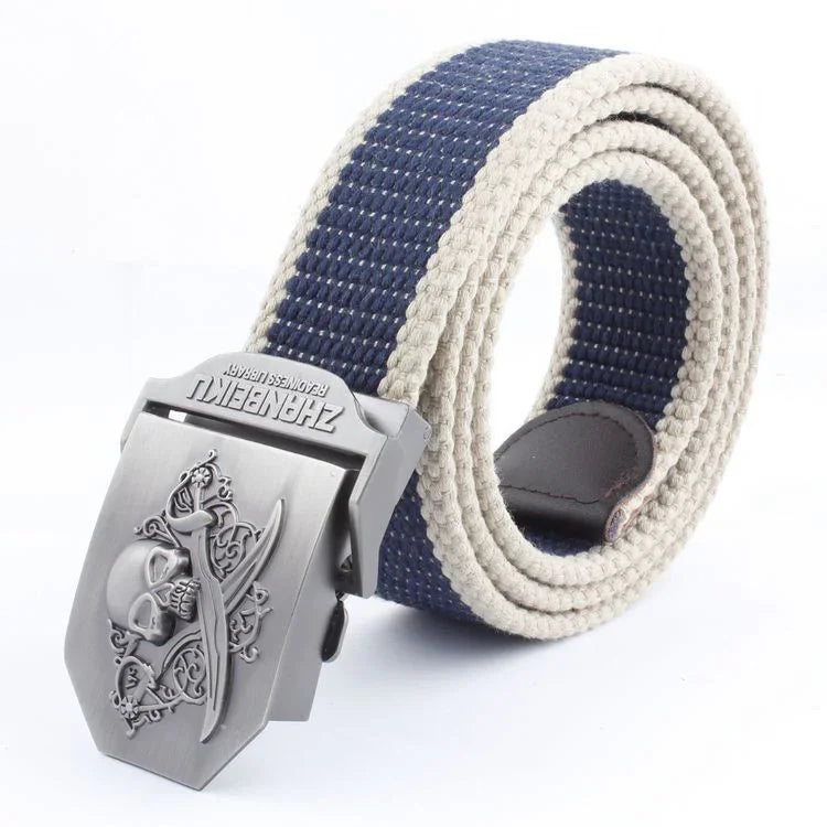 Navy blue and beige woven fabric belt with a metallic skull and crossbones buckle