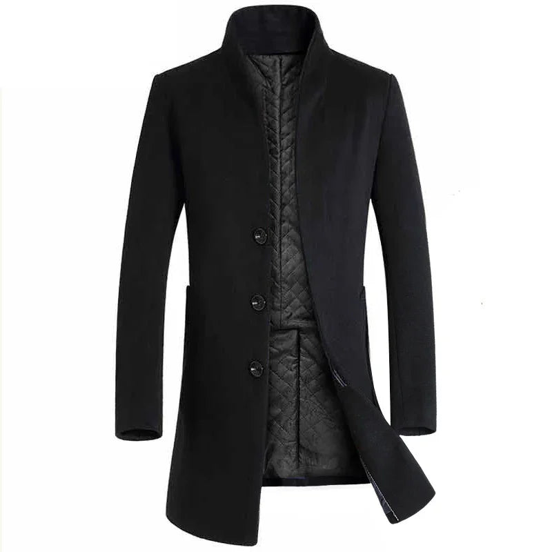 Black men's wool blend overcoat with standing collar and quilted inner lining